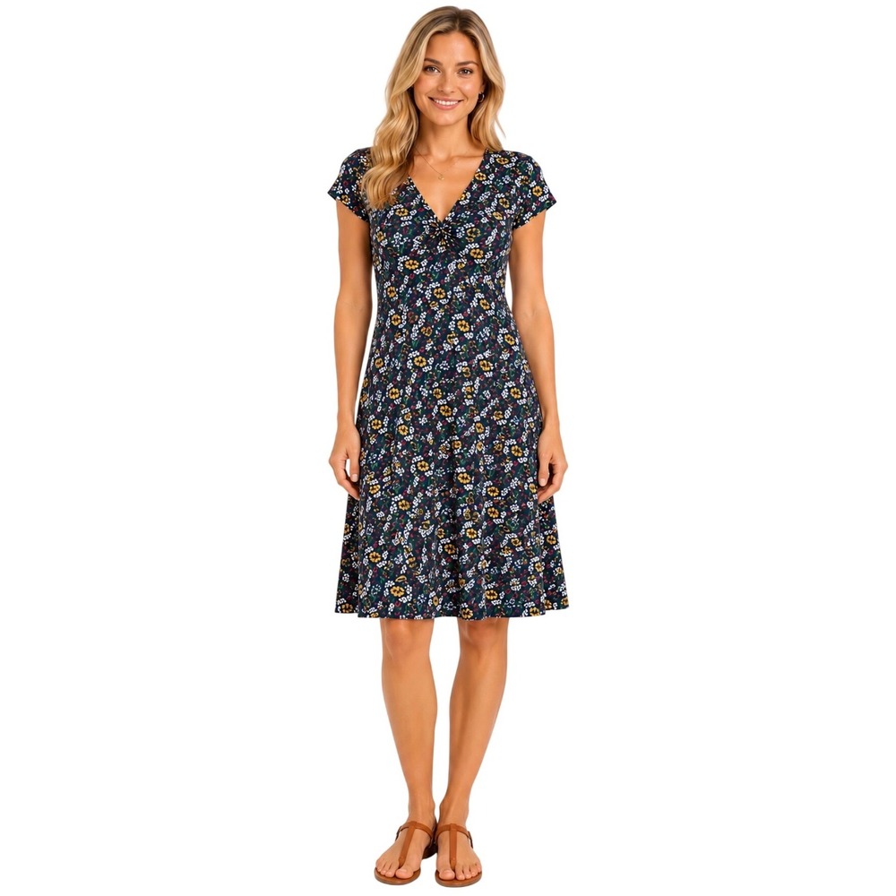Toad&Co Women Navy Floral V-Neck Short Sleeve A-Line Sunkissed Dress Large